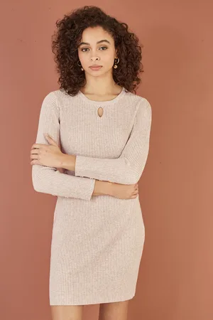 Yumi Womens Oatmeal Rib Knit Tunic Dress With Button Cuffs And Cut Out Detail - - Size Small