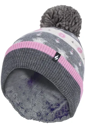 Heat Holders Womens - Ladies Warm Knit Fleece Lined Winter Hat with Pom Pom - Pink / Grey - - One Size