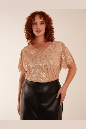 Blue Vanilla Womens Curve Angel Sleeve V-Neck Sequin Top - Faux Leather - Size UK 18-20