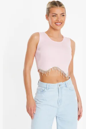 Quiz Womens Diamante Trim Crop Top material_cotton - Size Medium