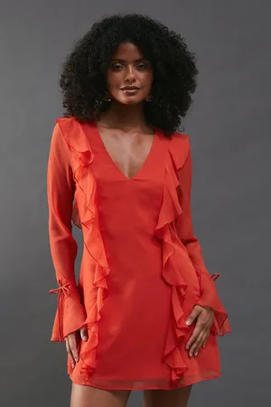warehouse Womens Chiffon Ruffle Detail Tie Sleeve Mini Dress - - Size 8 UK
