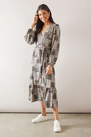 wallis Womens Abstract Jersey Long Sleeve Belted Midi Dress - - Size Medium