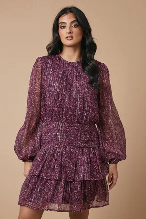 Oasis Womens Ditsy Metallic Chiffon Tiered Mini Dress - - Size 12 UK