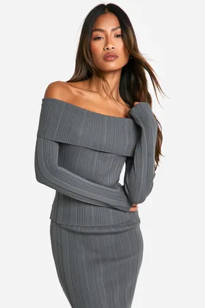 Boohoo Womens Lightweight Rib Knitted Bardot Long Sleeve Top - - Size Medium