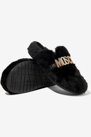 Moschino Girls Faux Fur Logo Slippers in - Size UK 13 Kids