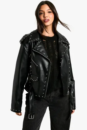 Boohoo Womens Studded Faux Leather Biker Jacket - - Size 14 UK