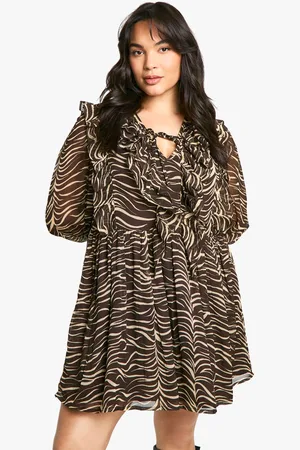 Boohoo Womens Plus Woven Ruffle Animal Print Smock Dress - - Size 16 UK