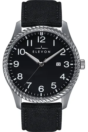ELEVON Mens Crosswind Canvas-Overlaid Leather-Band Watch w/ Date - Metal - One Size