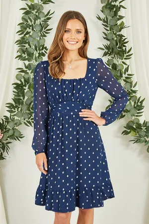 Mela Womens Foil Print Long Sleeve Skater Dress With Wrap Tie Waist - Size 8 UK