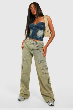 Boohoo Womens Yellow Tint Wide Leg Denim Cargo Jeans - Cotton - Size 12 UK