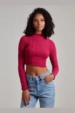 Pink Vanilla Womens Ribbed Lettuce Hem Long Sleeve Crop Top - Size Large