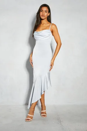 MissPap Womens Premium Satin Draped Bust Frill Hem Midi Dress - - Size 8 UK