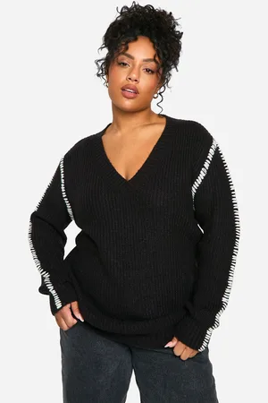 Boohoo Womens Plus Premium Contrast Trim V Neck Longline Jumper - - Size 22 UK