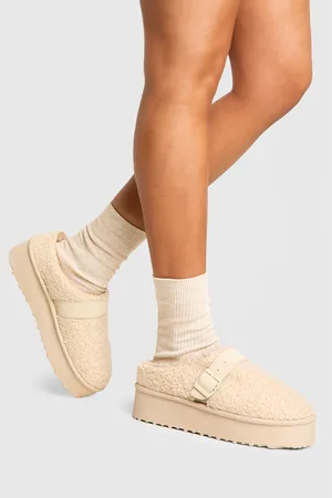 Boohoo Womens Platform Borg Buckle Detail Cosy Mules - - Size UK 4