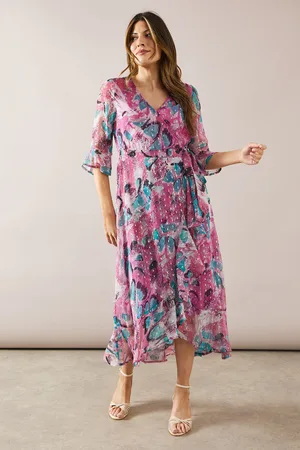 wallis Womens Floral Glitter Spot Ruffle Midi Dress - - Size 16 UK