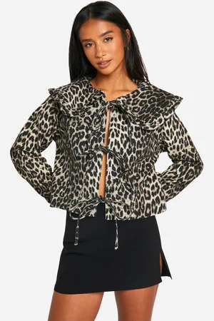 Boohoo Womens Leopard Print Collar Detail Tie Front Denim Jacket - Cotton - Size 14 UK