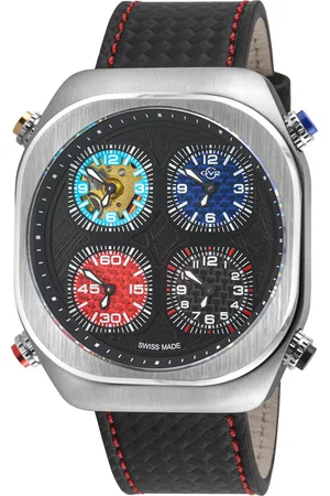 GV2 by Gevril Mens Quattro Zone, SS Case, dial, 4 time sub w/Blue & Red Stitching Handmade Italian Leather Strap - One Size