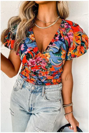 Azura Exchange Womens Floral Print Puff Sleeve Ruched V Neck Blouse - Size X-Large