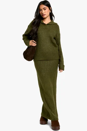 Boohoo Womens Soft Knit Thick Rib Collar Detail Jumper And Maxi Skirt Set - - Size Medium