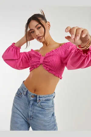 Pink Vanilla Womens Twist Front Balloon Sleeve Crop Top - Size Large