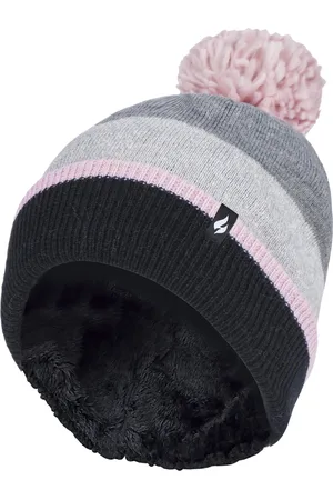 Heat Holders Womens - Ladies Warm Knit Fleece Lined Winter Hat with Pom Pom - Grey / Pink - - One Size