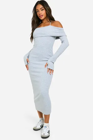 Boohoo Womens Wide Rib Bardot Tie Midaxi Dress - Cotton - Size 12 UK