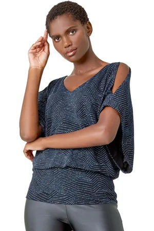 Roman Womens Glitter Cold Shoulder Blouson Stretch Top - - Size 20 UK
