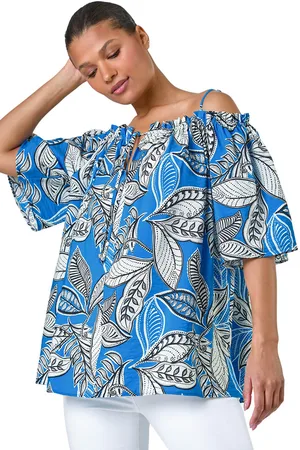 Roman Womens Leaf Print Cold Shoulder Bardot Top - - Size 10 UK