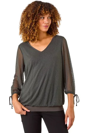 Roman Womens Burnout Print V-Neck Overlay Mesh Top - - Size 10 UK