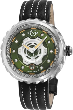 GV2 by Gevril Mens Motorcycle SS Case, Green dial, Silver hands, Genuine Handmade Italian Leather /Beige Strap - One Size