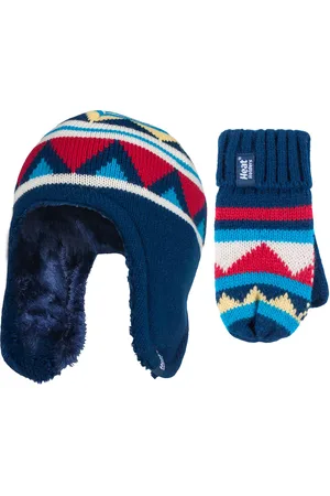 Heat Holders Childrens Boys Winter Warm Fleece Lined Thermal Hat and Mittens Set with Ear Flaps - NM1P4 - - Size 4-6Y