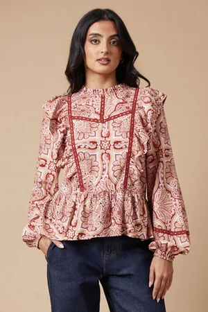 Oasis Womens Paisley Printed Ruffle Lace Trim Top - - Size 10 UK