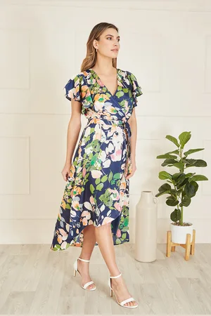 Mela Womens Floral Satin Wrap Over Midi Dress With Frill Sleeve - Size 10 UK