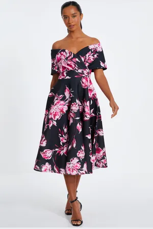 Quiz Womens Petite Blue Floral Bardot Skater Midi Dress - - Size 8 UK