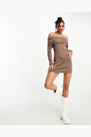 Missyempire Womens knitted bardot long sleeve mini dress in mocha-Neutral - - Size Large
