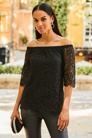 Sosandar Womens Lace Sleeve Detail Bardot Top - Size 10 UK