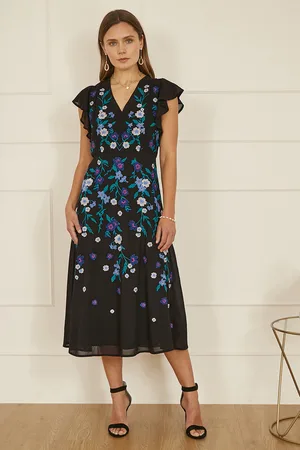 Yumi Womens All Over Floral Embroidery Midi Skater Dress - Size 14 UK