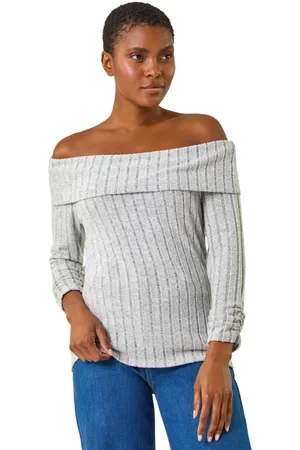Roman Womens Soft Ribbed Bardot Stretch Top - - Size 12 UK