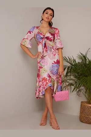 Chi Chi London Womens Short Sleeve Tie Front Floral Midi Dress in - Size 10 UK