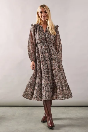 wallis Womens Petite Neutral Abstract Tie Neck Long Sleeve Midi Dress - - Size 12 UK