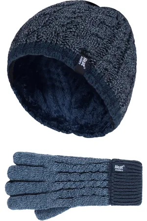 Heat Holders Boys Kids Cable Knit Warm Fleece Lined Thermal Winter Hat and Gloves Set - DN1P7 - - Size 7-10Y