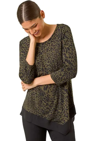 Roman Womens Animal Print Chiffon Asymmetric Hem Top - - Size 14 UK