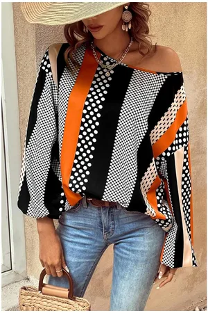 Azura Exchange Womens Polka Dot Vertical Striped Printed Puff Sleeve Blouse - Size X-Large