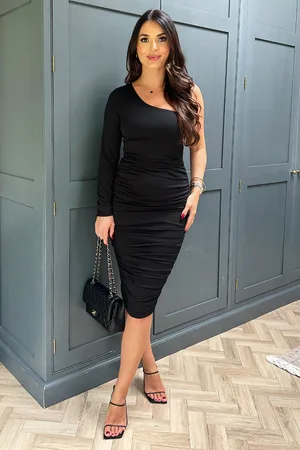 Ax Paris Womens One Sleeve Ruched Bodycon Midi Dress - Size 8 UK