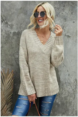 Azura Exchange WoMens V-Neck Drop Shoulder Knitted Sweater in Cotton - Size 2XL