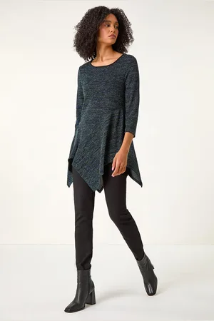 Roman Womens Glitter Hanky Hem Tunic Stretch Top - - Size 14 UK