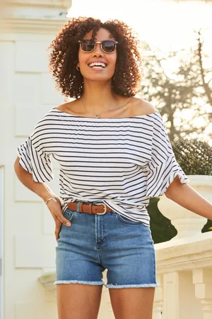 Sosandar Womens & Black Stripe Fluted Sleeve Jersey Bardot Top - Size 12 UK