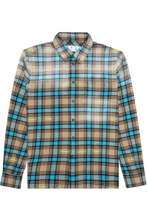 OFF-WHITE Mens Helvetica Pattern Camel Flannel Shirt Cotton - Size Medium