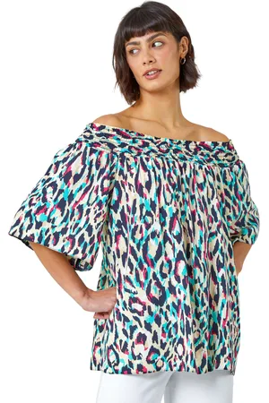 Roman Womens Contrast Animal Print Bardot Top - - Size 10 UK