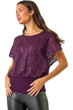 Roman Womens Sequin Lace Overlay Stretch Top - - Size 18 UK